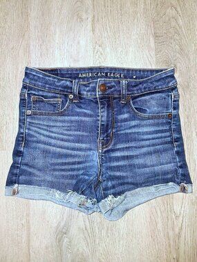 American Eagle Next Level Stretch Hi-Rise Shortie Shorts Size 4 Distressed Denim